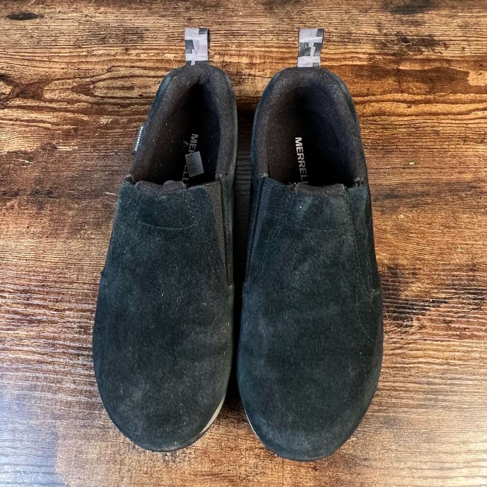 Merrell Suede Leather Clog Slip On Shoes Black Camo Tag Walking Trail Size 4 - Picture 4 of 11